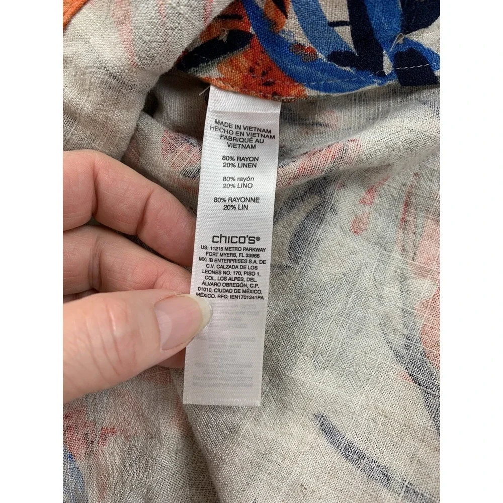 Chicos Womens Shirt 2 Large Tropical Linen Hawaiian Travel Vacation Resort Beach